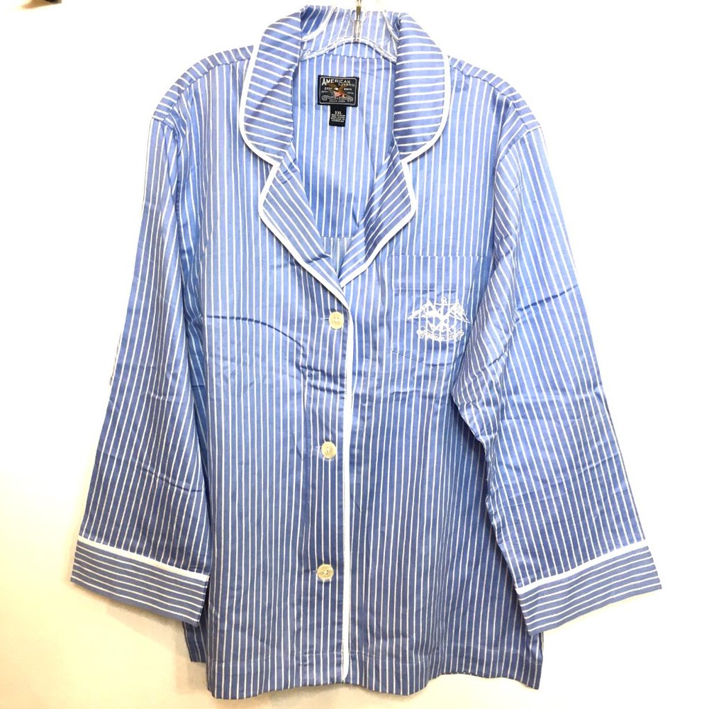 American Living Blue & White Striped Cotton Pajama Set with Contrast Piping - Picture 4 of 11